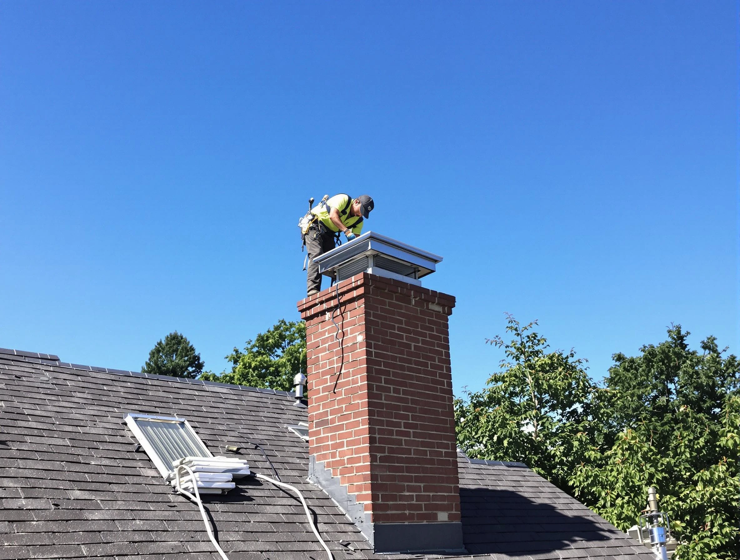 Hazlet Chimney Sweep technician measuring a chimney cap in Hazlet, NJ